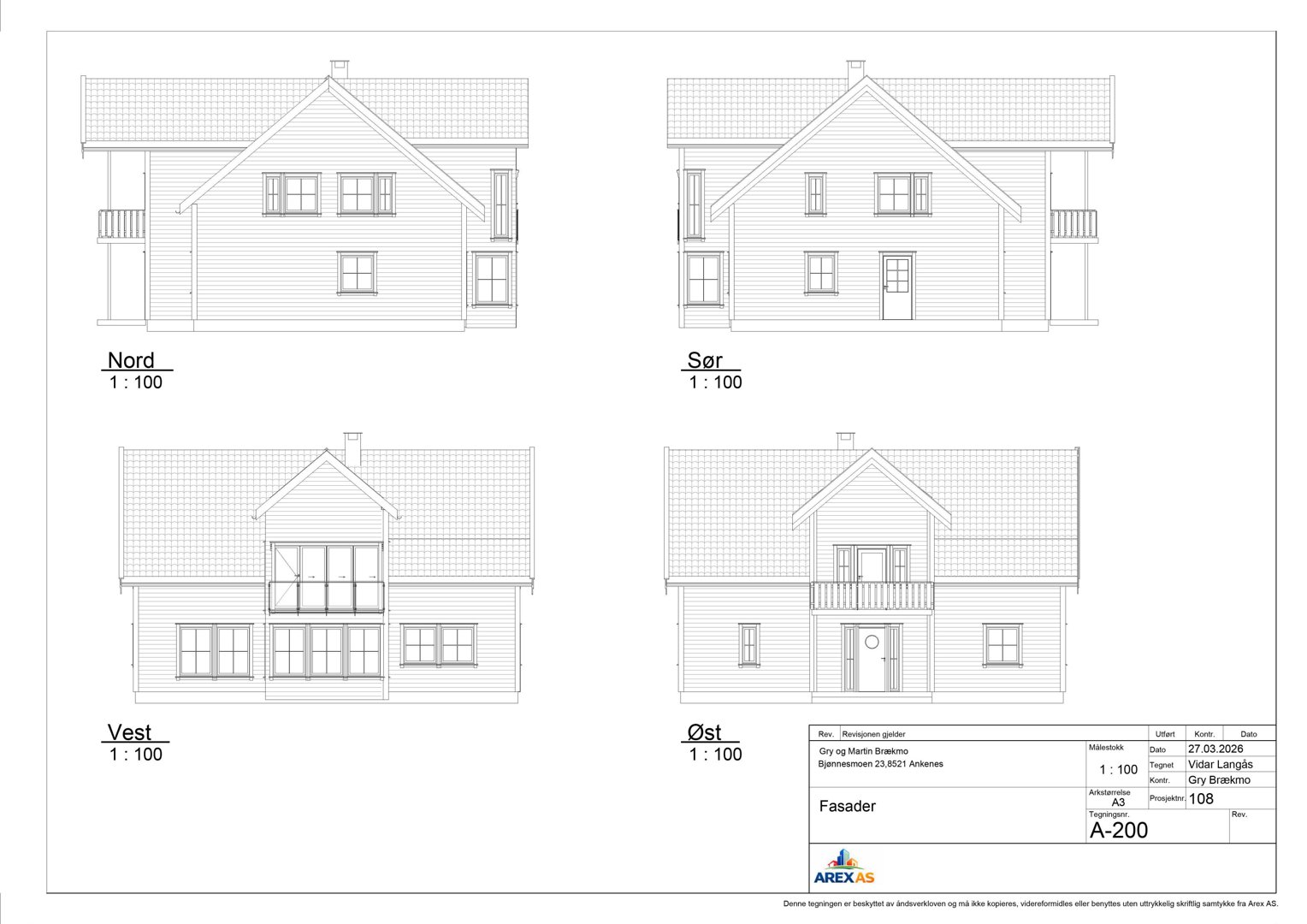 Fasadetegning som viser bygningens utsyn fra alle fire sider (Nord, Sør, Vest, Øst).