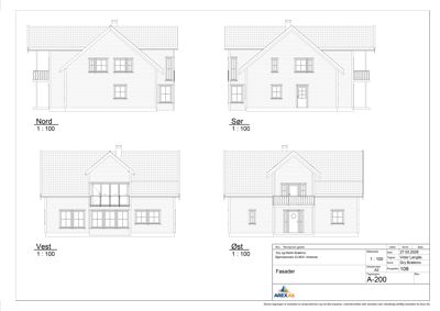 Fasadetegning som viser bygningens utsyn fra alle fire sider (Nord, Sør, Vest, Øst).