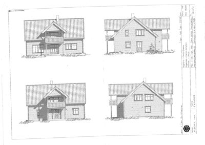 Fasadetegning som viser fire ulike vinkler på en planlagt enebolig.
