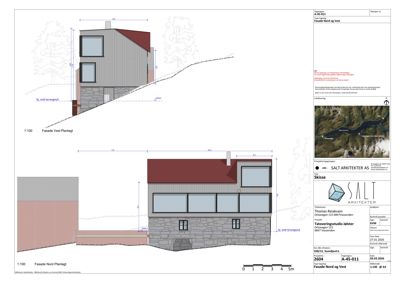 Fasadetegning som viser oppriss av bygningens vest- og nordside med mål og materialbeskrivelser.