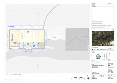 Hovedplan (etasjeplan) som viser romfordeling, arealer og plassering av bygningen på tomten.