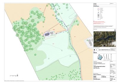 Situasjonsplan som viser bygningens plassering på tomt, omgivende terreng, vegetasjon, vei og nabobebyggelse.