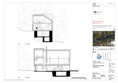 Bildet viser en tegning med to etasjeplaner (S.1 og S.2) for en bygning, inkludert romfordeling, trapper og garasje. Det er også en situasjonsplan øverst.