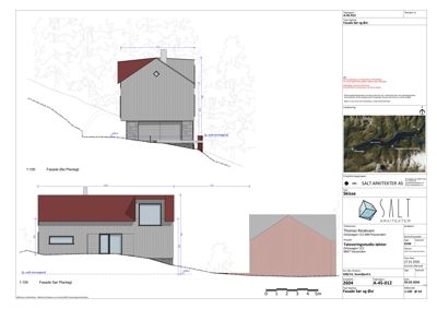 Fasadetegning som viser bygningens utseende fra øst og sør, inkludert mål og detaljer.