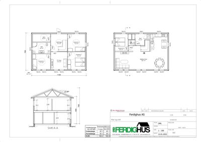 Bildet viser etasjeplaner (plan og snitt) for en ferdigbygg, inkludert romfordeling, mål og snitt A-A.