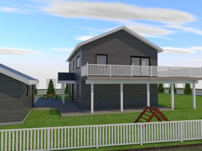 3D-visualisering av en planlagt bolig med fasade, balkong og omgivelser