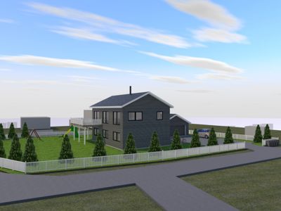 3D-visualisering av en planlagt bolig med omgivelser, inkludert gate, hekk og trær.