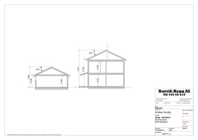 Snittegning av en bolig som viser tverrsnittet gjennom huset, takhøyder og etasjer.
