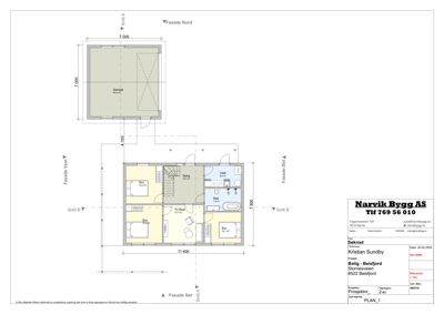 Etasjeplan for en bolig med romfordeling, garasje og snittlinjer.