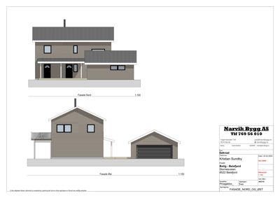 Fasadetegning som viser bygningens utseende fra nord og øst.