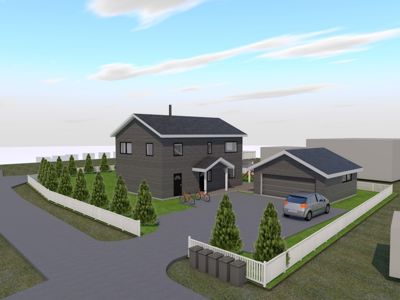 3D-visualisering av en planlagt bolig med garasje, hage, hekk og bil.