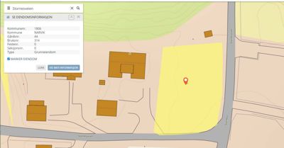 Et digitalt kart som viser eiendomsinformasjon, inkludert kommunenummer, bruksnummer og en markør for Stornesveien i Narvik.