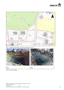 Bildet viser en situasjonsplan med to fotografier av prøvegropene PG1 og PG2 nedenfor.