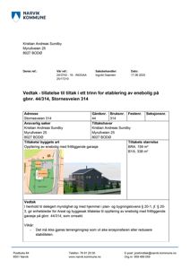 En vedtakssak fra Narvik kommune som viser en situasjonsplan (grønt område) og en rendering av et hus.