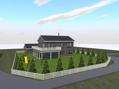 3D-visualisering av en planlagt bolig med omgivelser, inkludert hage, hekk og lekeplass.
