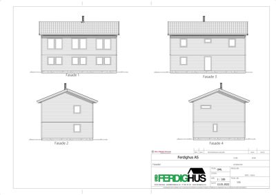 Fasadetegning som viser fire utsnitt av en bygning (Fasade 1-4) med detaljer om vinduer, dører og takform.