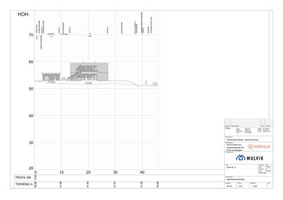 Snittegning (profil) som viser bygningens høydeprofil i forhold til terrenget.