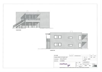 Tegning som viser fasadeopprikk for bygningen sett fra nord og vest.