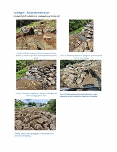 Fotodokumentasjon som viser ulike stadier i etablering av en steinvoll, inkludert undergrunn, drenering og steinlegging.