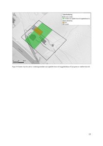 Situasjonsplan som viser vurderingsområdet, eksistende bebyggelse (hus, garasje) og en ønsket plassering for en ny bygning. Kartet inkluderer også en del av en vei (Løkkenvegen) og høydemålerlinjer.