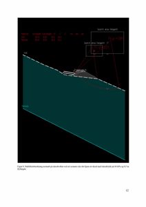 Tegning som viser en stabilitetsberegning for en skredvoll med angitte materialparametere og beregningsresultater.