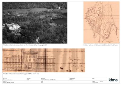 Et fotografi av J Sæthres institutt for åndssvage barn, bygget i 1887 og senere revet, sammen med en historisk situasjonsplan og en fasadetegning.
