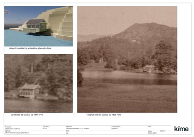 Bildet viser en historisk svart-hvitt-fotografi av et badhus fra ca. 1890-1910, samt en 3D-skisse av reetablering av bygningen. Dette er en del av en byggesak for rekonstruksjon.