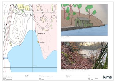 Situasjonsplan (A20 2) som viser tomtens topografi, eksisterende sti, badehus og vannkropp.