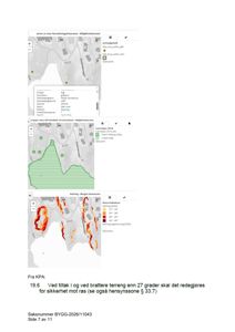 Bildet viser en samling av kart fra Miljødirektoratet (artegnisj, naturtyper, naturtilskikart) og en tekstuell referanse til KPA § 19.6 om rasfare ved bratte terreng.