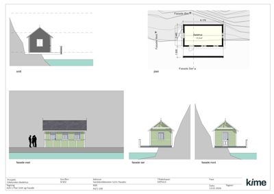 Fasade- og snittegninger for et badehus, inkludert plan, snitt og utsnitt av fasader.