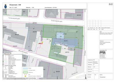 Situasjonsplan som viser tomtens plassering i forhold til nabolag, gater (Tordenskjolds gate, Øvre Rankegate, Storgata), eiendomsnummer og arealforhold.