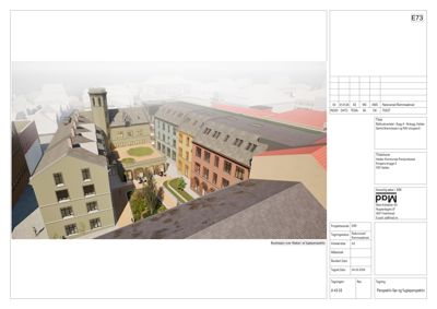 3D-visualisering (rendering) av et byggeprosjekt sett fra en høyde med fugleperspektiv.