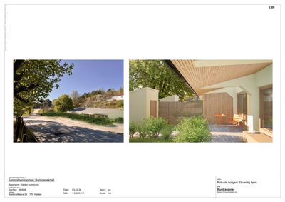 Bildet viser to bilder side om side; venstre er et fotografi av eksisterende terreng og bygninger, høyre er en rendering av den planlagte fasaden.