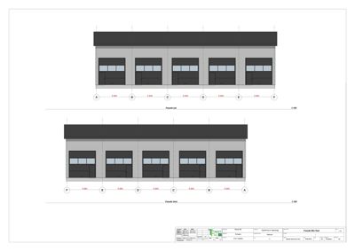 Tegning som viser fasaden på en bygning sett fra to vinkler (vest og øst) med mål og aksebetegnelser.