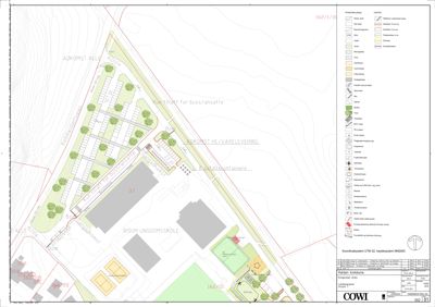 Situasjonsplan som viser tomtens beliggenhet, veier, naboeiendommer og planlagt bebyggelse.