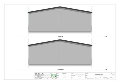 Fasadetegning som viser bygningens utseende sett fra nord og sør.