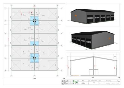 Etasjeplan (1. etasje) med romfordeling, mål og en fasadetekning til høyre.