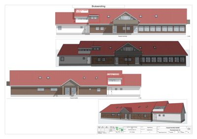 Bildet viser fasadetegninger av en bygning sett fra flere vinkler (Nord/Vest og Sør/Øst), inkludert en 3D-visualisering av fasaden.