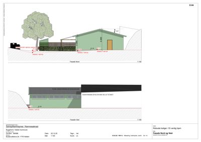 Fasadetegning som viser oppriss av bygningen sett fra nord og vest, inkludert høyder, takhøyde og terrengforhold.