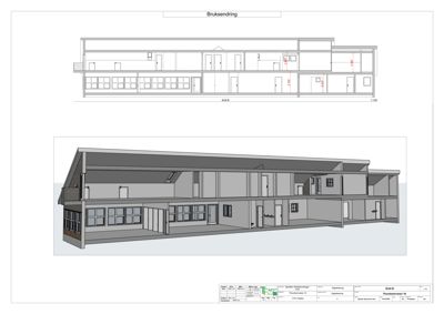 Bildet viser et snitt gjennom en bygning, med både et teknisk snitt (øverst) og en 3D-visualisering av snittet (nedre del).