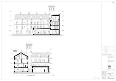Bildet viser to snittegninger (tverrsnitt) av en bygning, som viser romfordeling og konstruksjon gjennom bygningen.