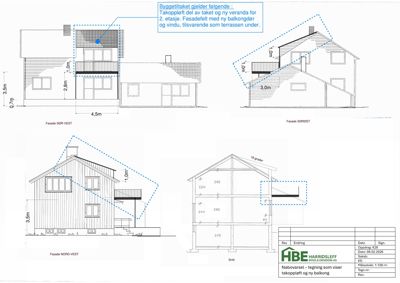 Fasadetegninger som viser bygningens utseende fra ulike vinkler (Sør-Vest, Sør-Øst, Nord-Vest) samt et snitt.