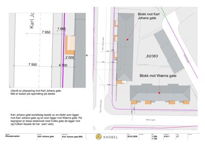 Situasjonsplan som viser plassering av to byggeblokker (mot Karl Johans gate og Wærns gate) i forhold til gater, med angitte mål og blokknummer.