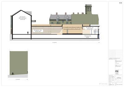 Snittegning som viser tverrsnitt gjennom bygningen, inkludert eksisterende kjeller og romfordeling.