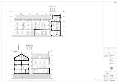 Snittegning som viser bygningens tverrsnitt, høyder og romfordeling.