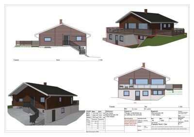 Fasadetegning som viser bygningens utseende fra nord og sør med mål og detaljer.