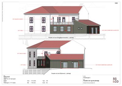 Fasadetegning som viser planlagte endringer i fasaden mot sør og øst, inkludert nye vinduer og dører.
