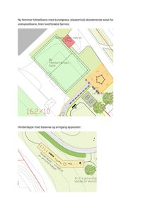 Situasjonsplan som viser plassering av en ny fotballbane og andre anlegg på et eksisterende areal.