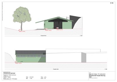 Fasadetegning som viser eksisterende fasader (Nord og Vest) med mål, høyder og terrengforhold.