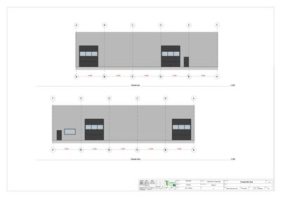 Bildet viser to fasadetegninger (F-00 og F-01) av en bygning sett fra utsiden, med angitte mål og akselinummer.